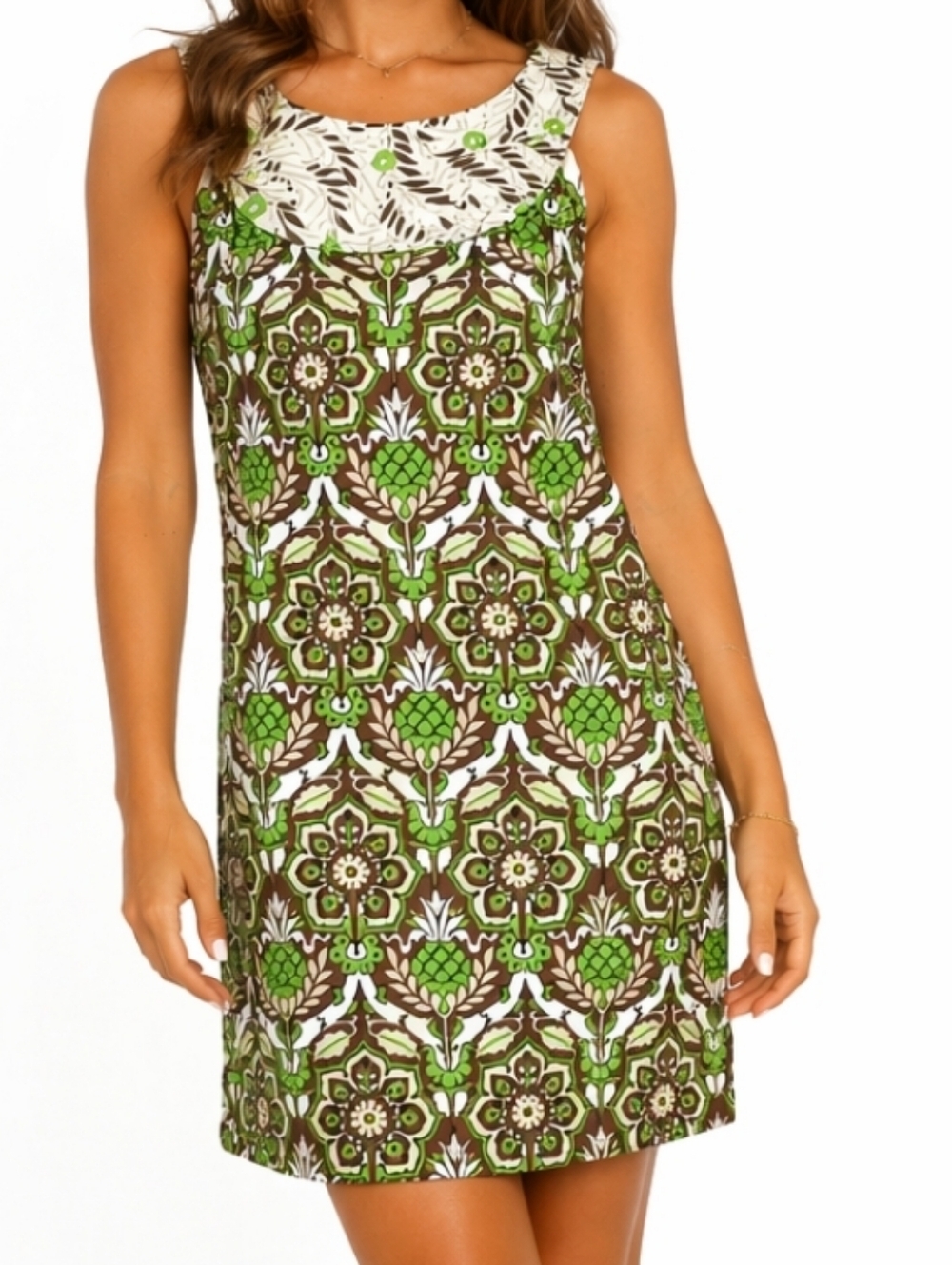 Milly of New York Cotton Sleeveless Retro Green & Brown Floral Print Dre…